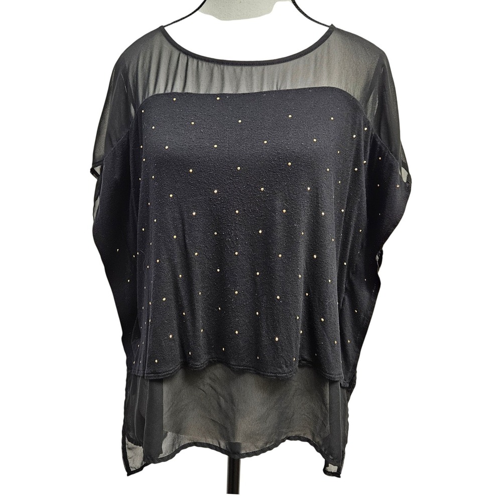 Jennifer Lopez JLo Sheer Black‎ Beaded Blouse Medium Mixed Media Knit Mesh Party